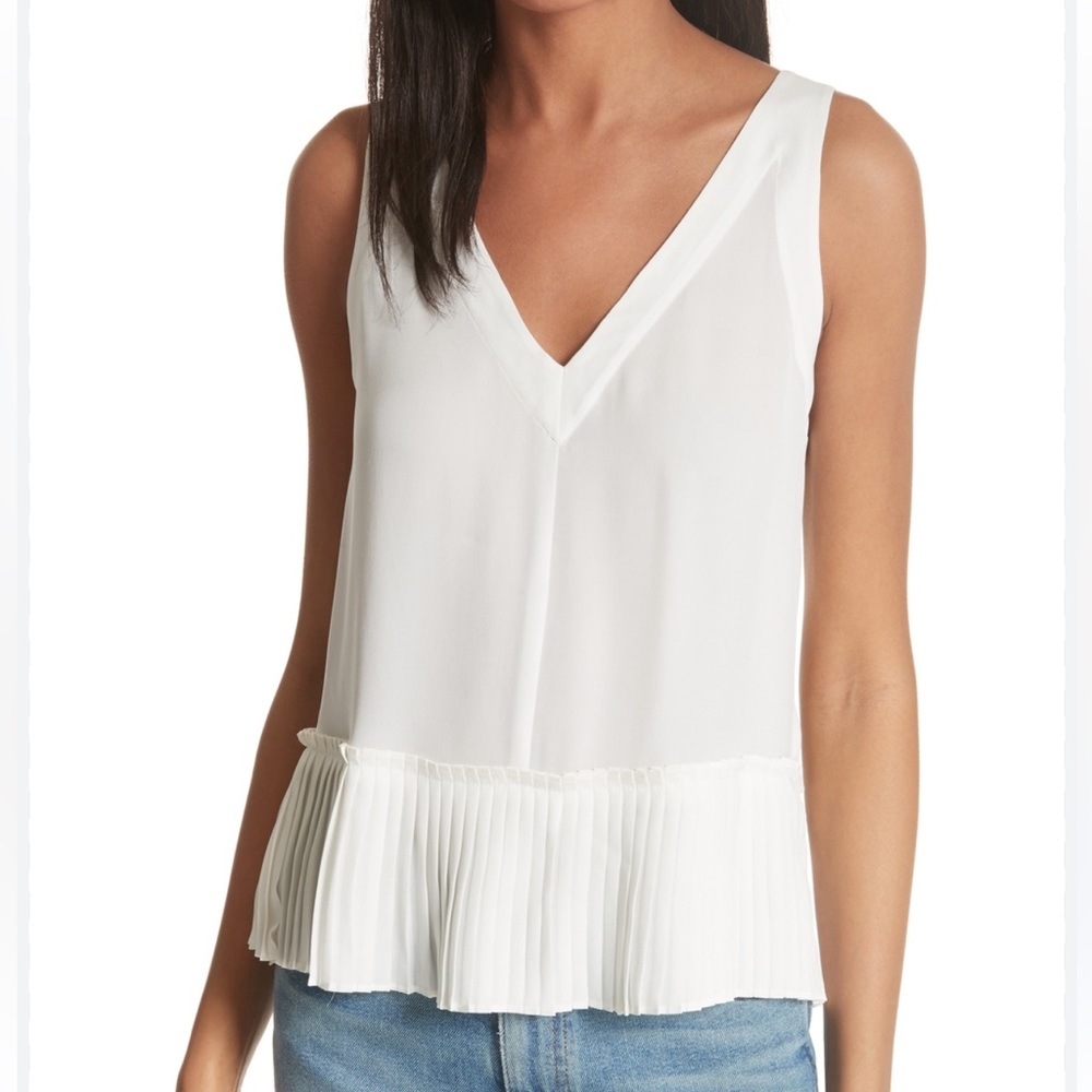 Rebecca Taylor Ivory V-Neck Sleeveless Pleated-Hem Top